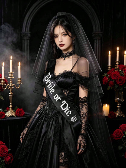 2pcs Gothic Wedding Veil & Shoulder Strap Set, Dark Style Costume Accessories, Photo Props, Suitable For Wedding, Bachelorette Party, Halloween