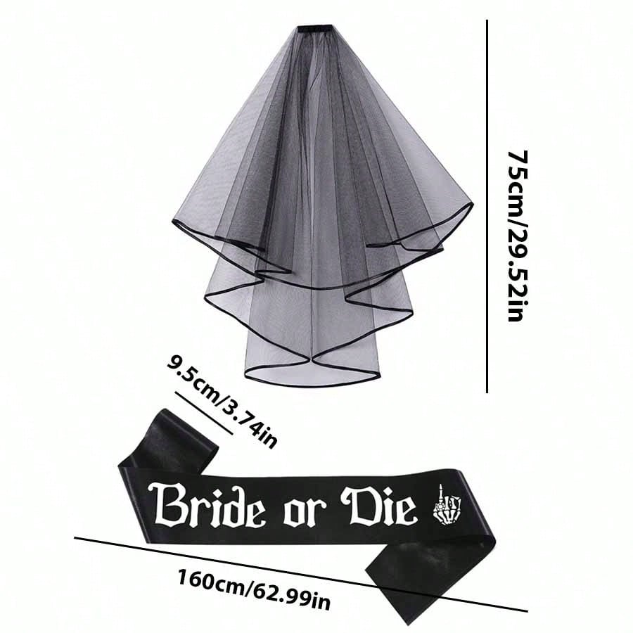 2pcs Gothic Wedding Veil & Shoulder Strap Set, Dark Style Costume Accessories, Photo Props, Suitable For Wedding, Bachelorette Party, Halloween