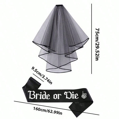 2pcs Gothic Wedding Veil & Shoulder Strap Set, Dark Style Costume Accessories, Photo Props, Suitable For Wedding, Bachelorette Party, Halloween