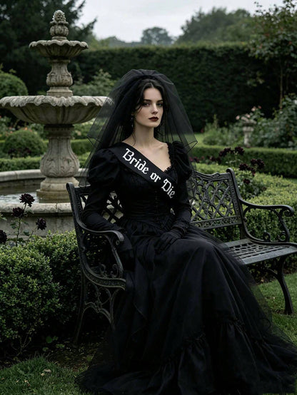 2pcs Gothic Wedding Veil & Shoulder Strap Set, Dark Style Costume Accessories, Photo Props, Suitable For Wedding, Bachelorette Party, Halloween