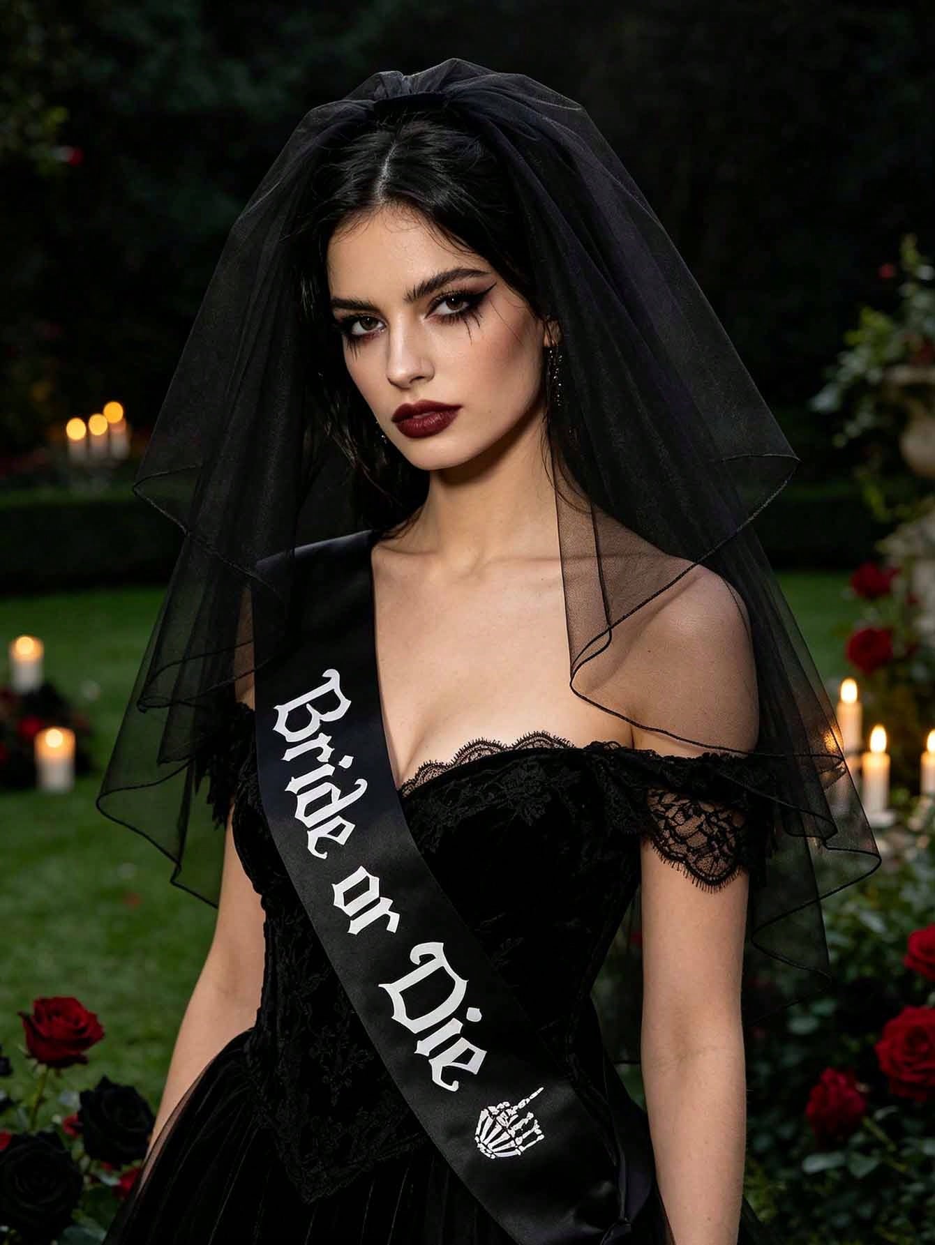 2pcs Gothic Wedding Veil & Shoulder Strap Set, Dark Style Costume Accessories, Photo Props, Suitable For Wedding, Bachelorette Party, Halloween