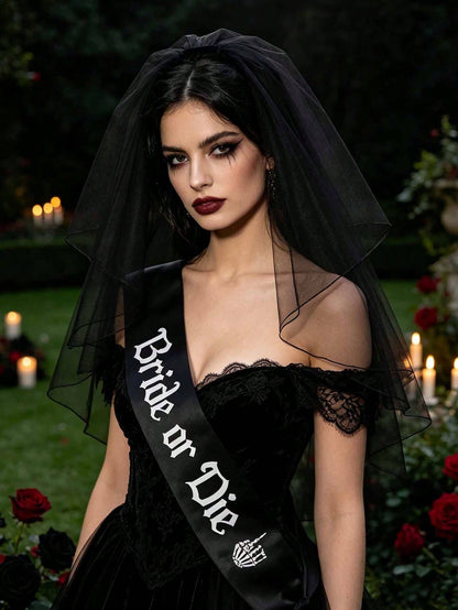 2pcs Gothic Wedding Veil & Shoulder Strap Set, Dark Style Costume Accessories, Photo Props, Suitable For Wedding, Bachelorette Party, Halloween