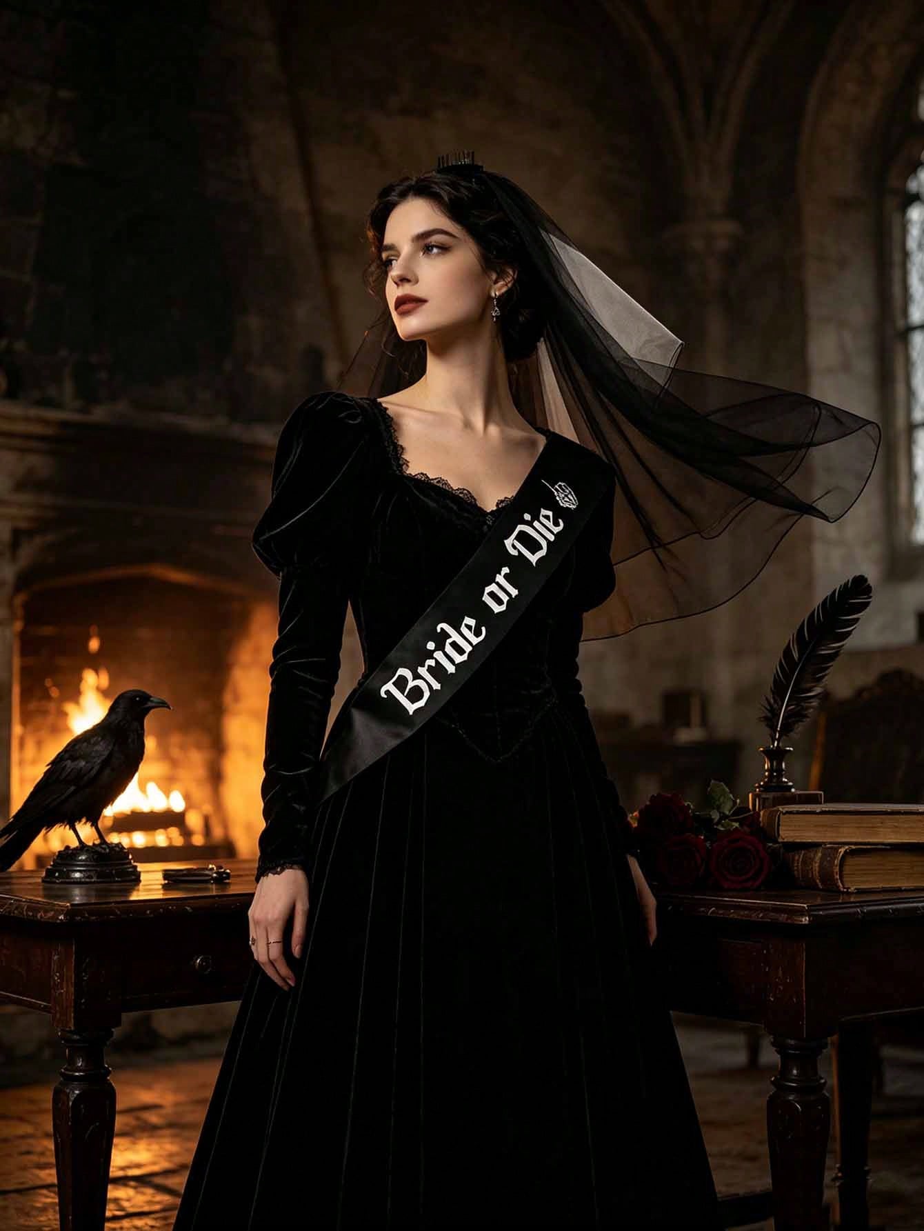 2pcs Gothic Wedding Veil & Shoulder Strap Set, Dark Style Costume Accessories, Photo Props, Suitable For Wedding, Bachelorette Party, Halloween