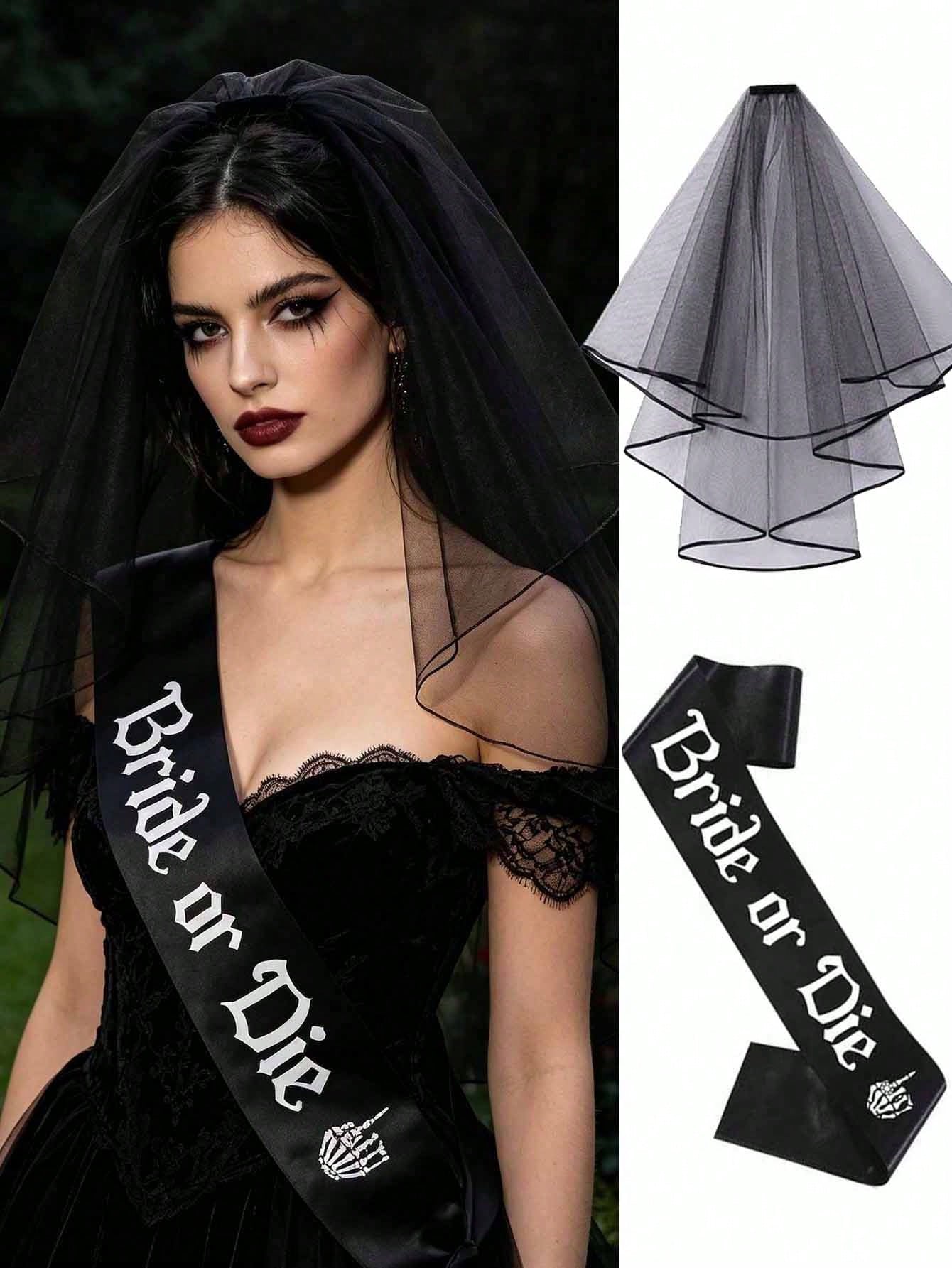 2pcs Gothic Wedding Veil & Shoulder Strap Set, Dark Style Costume Accessories, Photo Props, Suitable For Wedding, Bachelorette Party, Halloween