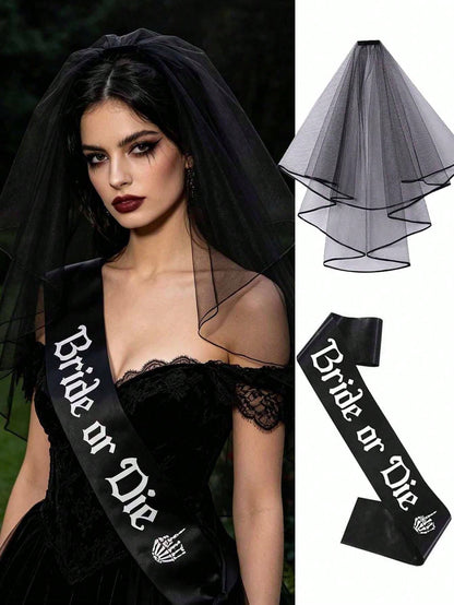2pcs Gothic Wedding Veil & Shoulder Strap Set, Dark Style Costume Accessories, Photo Props, Suitable For Wedding, Bachelorette Party, Halloween