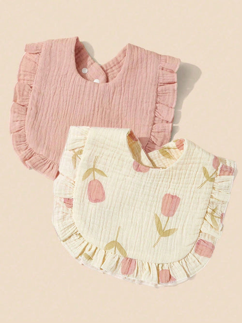 2pcs Infant Bibs With Ruffle Trim Decor, Lace Edging Pure Cotton Soft Drool Scarf