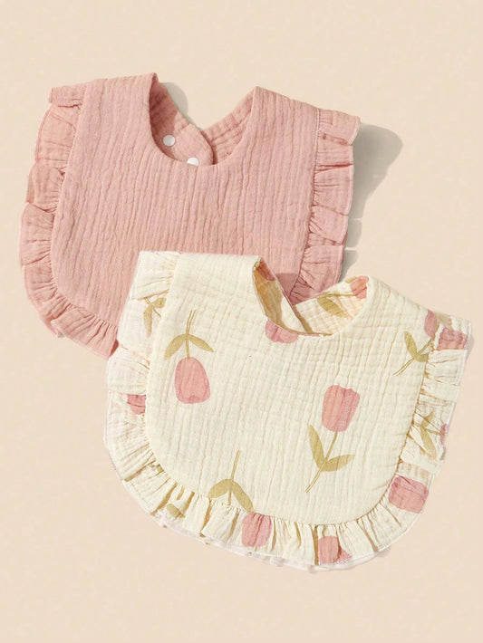 2pcs Infant Bibs With Ruffle Trim Decor, Lace Edging Pure Cotton Soft Drool Scarf