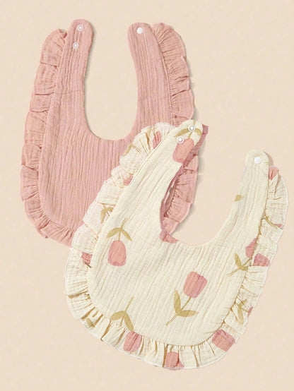 2pcs Infant Bibs With Ruffle Trim Decor, Lace Edging Pure Cotton Soft Drool Scarf