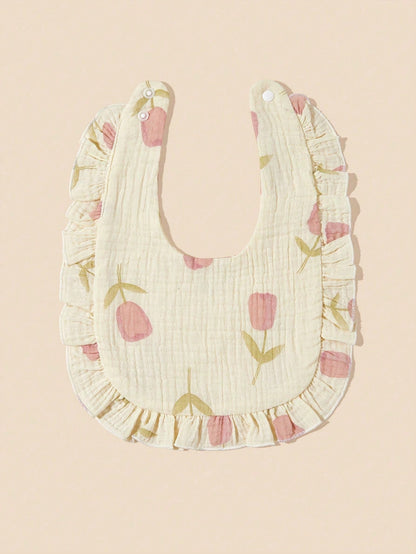 2pcs Infant Bibs With Ruffle Trim Decor, Lace Edging Pure Cotton Soft Drool Scarf
