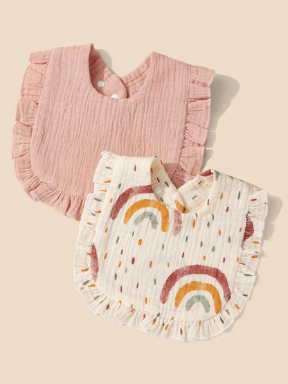 2pcs Infant Bibs With Ruffle Trim Decor, Lace Edging Pure Cotton Soft Drool Scarf