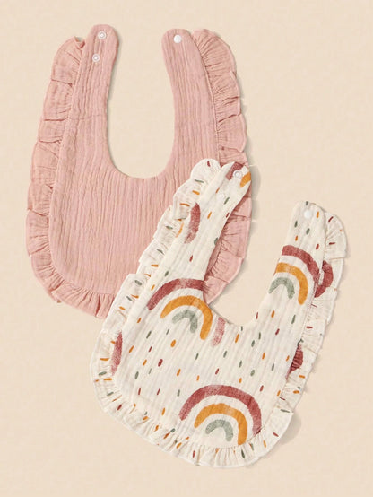 2pcs Infant Bibs With Ruffle Trim Decor, Lace Edging Pure Cotton Soft Drool Scarf
