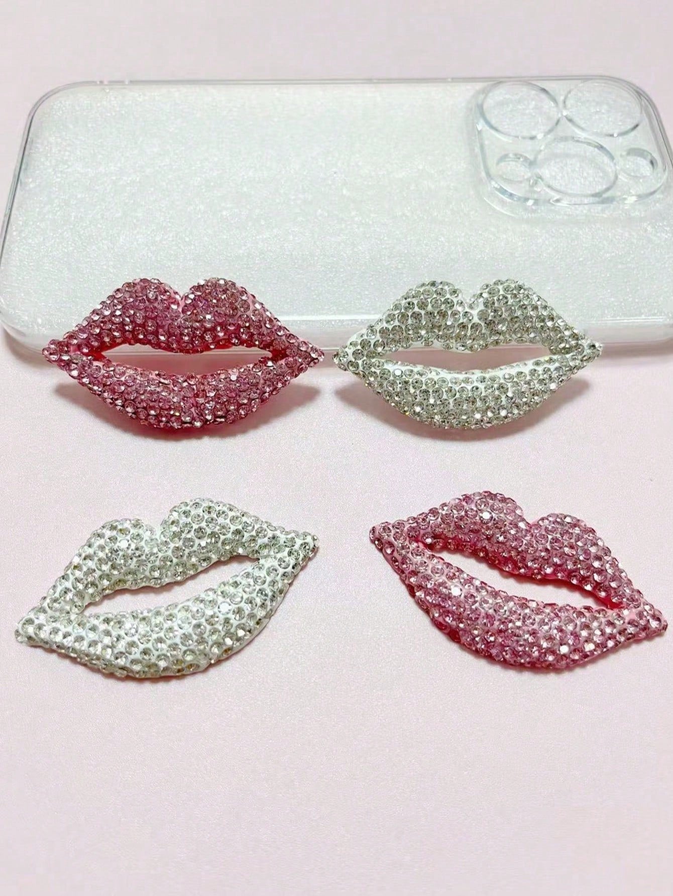 2Pcs Luxury Shining White Pink Full Rhinestone Diamond Mouth Lips Decoration Resin Charms Refrigerator Stickers Junk Phone Cases Hairpin Makeup Mirror Accessories Car Air Outlet Diy Decoration Kawaii