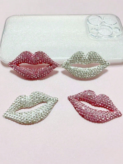 2Pcs Luxury Shining White Pink Full Rhinestone Diamond Mouth Lips Decoration Resin Charms Refrigerator Stickers Junk Phone Cases Hairpin Makeup Mirror Accessories Car Air Outlet Diy Decoration Kawaii