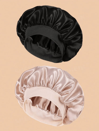 2pcs Luxury Silk Satin Sleep Caps, Solid Color, Elastic Hair Protection Caps, Lightweight Comfortable For All-Night Wear, Hair Care, Shower, Gentle Fit To Scalp, For Her