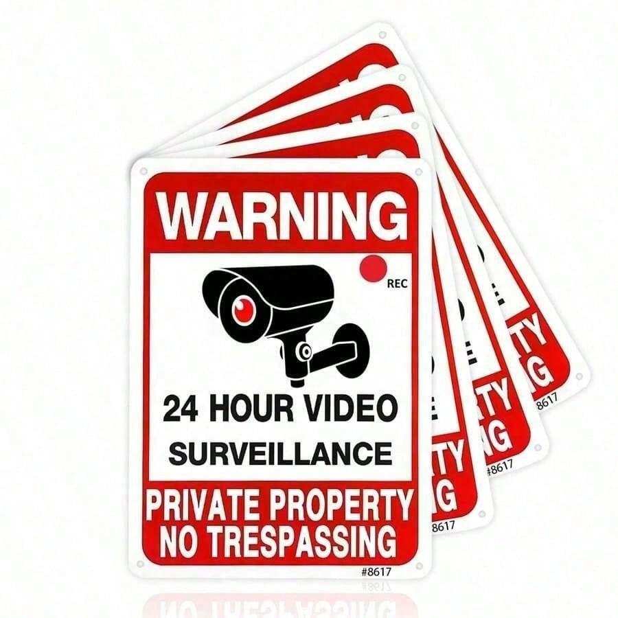 2pcs Metal No Trespassing Signs- Video Surveillance Warning Signs For Private Property- Weatherproof Aluminum Security Signs For Yard, Home & Outdoor- Reflective Lettering For Night Visibility, Alu