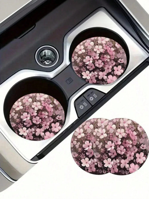 2pcs Peach Blossom Pattern Car Cup Holders, Non-Slip Floral Car Cup Holders, Waterproof Dust-Proof Car Interior Decoration Accessories, Universal Car Cup Holders, Gift For Female Drivers