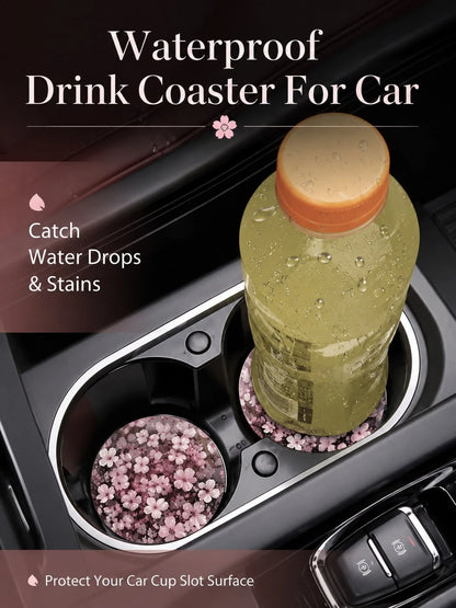 2pcs Peach Blossom Pattern Car Cup Holders, Non-Slip Floral Car Cup Holders, Waterproof Dust-Proof Car Interior Decoration Accessories, Universal Car Cup Holders, Gift For Female Drivers
