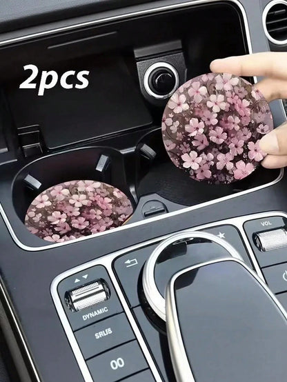 2pcs Peach Blossom Pattern Car Cup Holders, Non-Slip Floral Car Cup Holders, Waterproof Dust-Proof Car Interior Decoration Accessories, Universal Car Cup Holders, Gift For Female Drivers