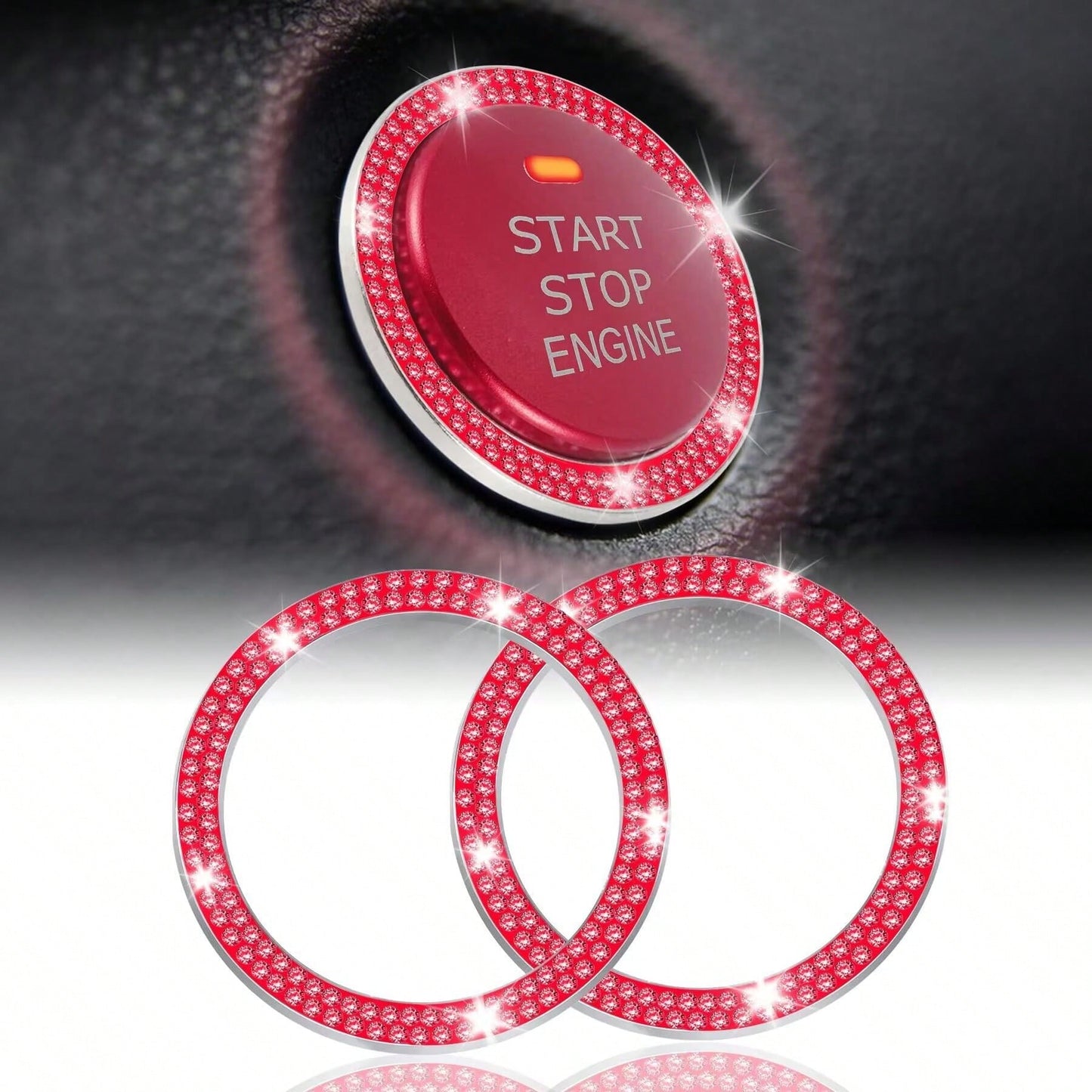 2pcs Red Rhinestone Car Engine Start/Stop Button Ring, Shiny Crystal One-Touch Start Button Decorative Cover, Shiny Car Interior Accessory, Suitable For Women
