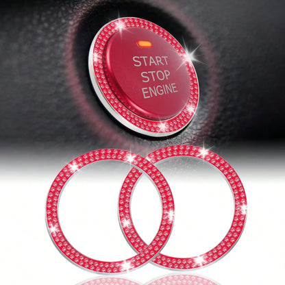2pcs Red Rhinestone Car Engine Start/Stop Button Ring, Shiny Crystal One-Touch Start Button Decorative Cover, Shiny Car Interior Accessory, Suitable For Women
