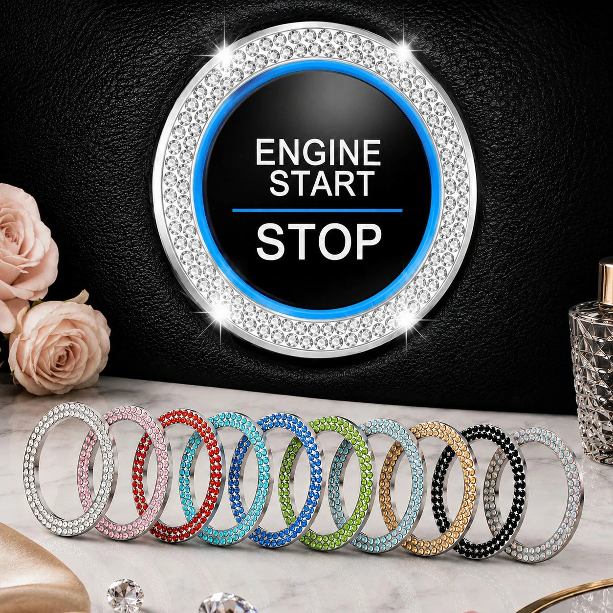 2pcs Red Rhinestone Car Engine Start/Stop Button Ring, Shiny Crystal One-Touch Start Button Decorative Cover, Shiny Car Interior Accessory, Suitable For Women