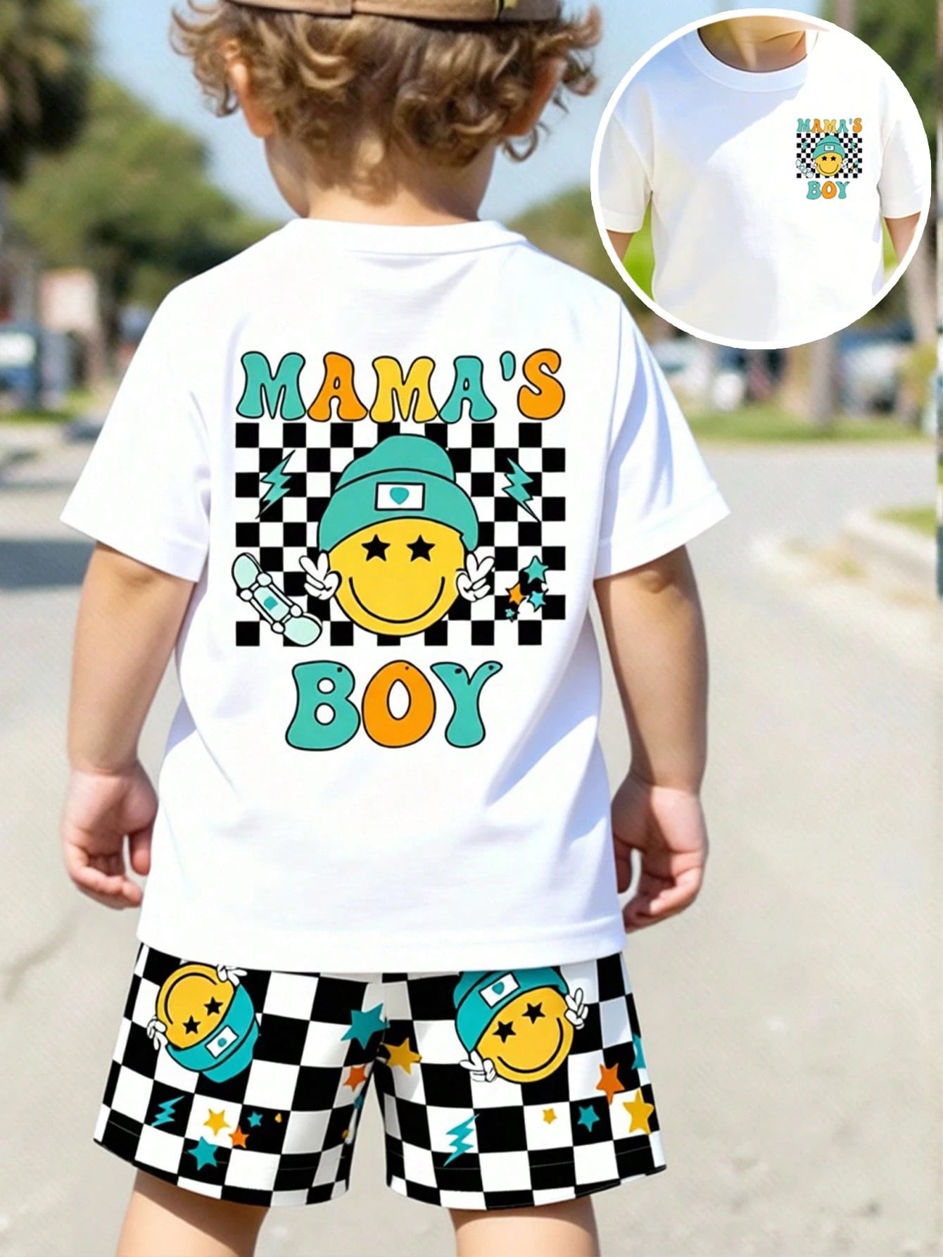 2pcs/Set Baby Boy Casual Graphic Print Top And Checkered Shorts Set, Suitable For Outings In Summer