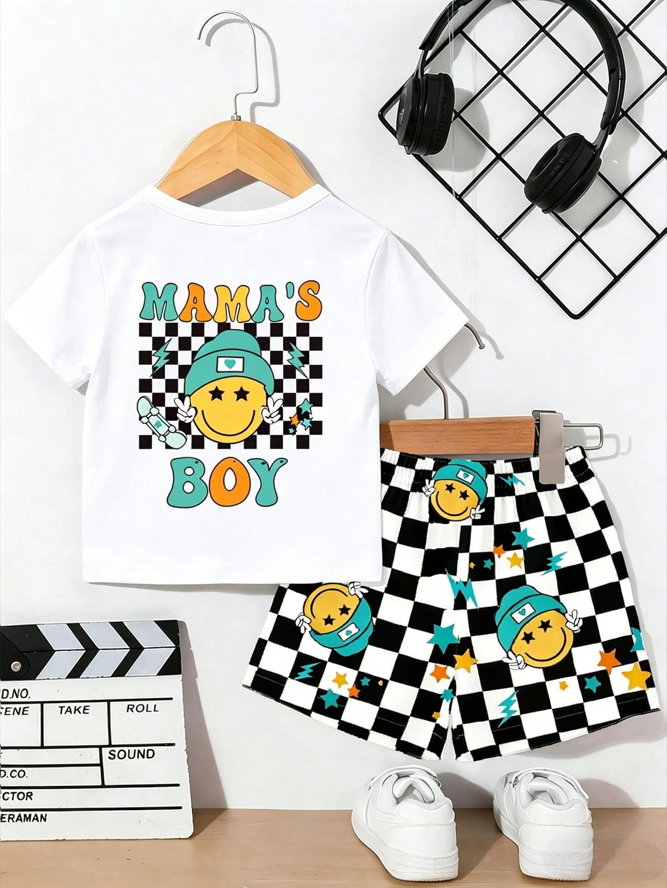 2pcs/Set Baby Boy Casual Graphic Print Top And Checkered Shorts Set, Suitable For Outings In Summer