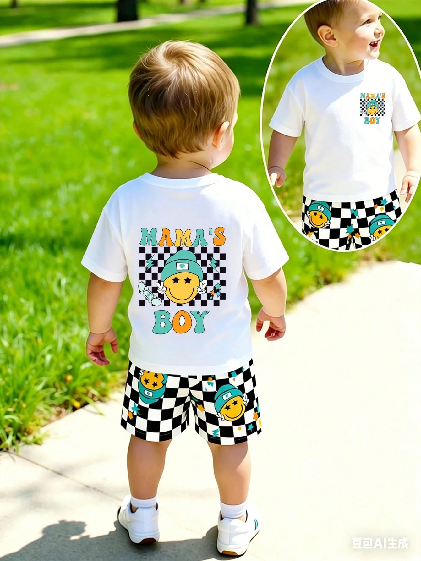 2pcs/Set Baby Boy Casual Graphic Print Top And Checkered Shorts Set, Suitable For Outings In Summer