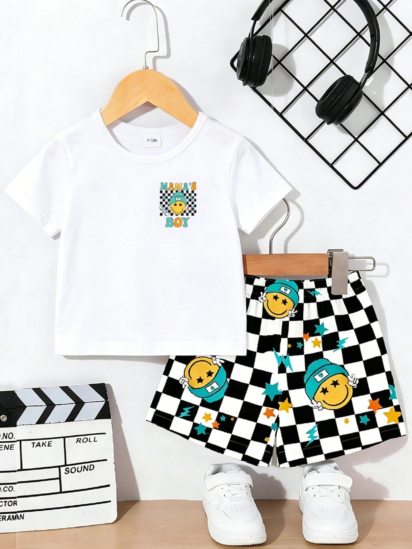 2pcs/Set Baby Boy Casual Graphic Print Top And Checkered Shorts Set, Suitable For Outings In Summer