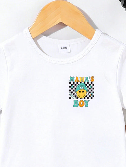 2pcs/Set Baby Boy Casual Graphic Print Top And Checkered Shorts Set, Suitable For Outings In Summer