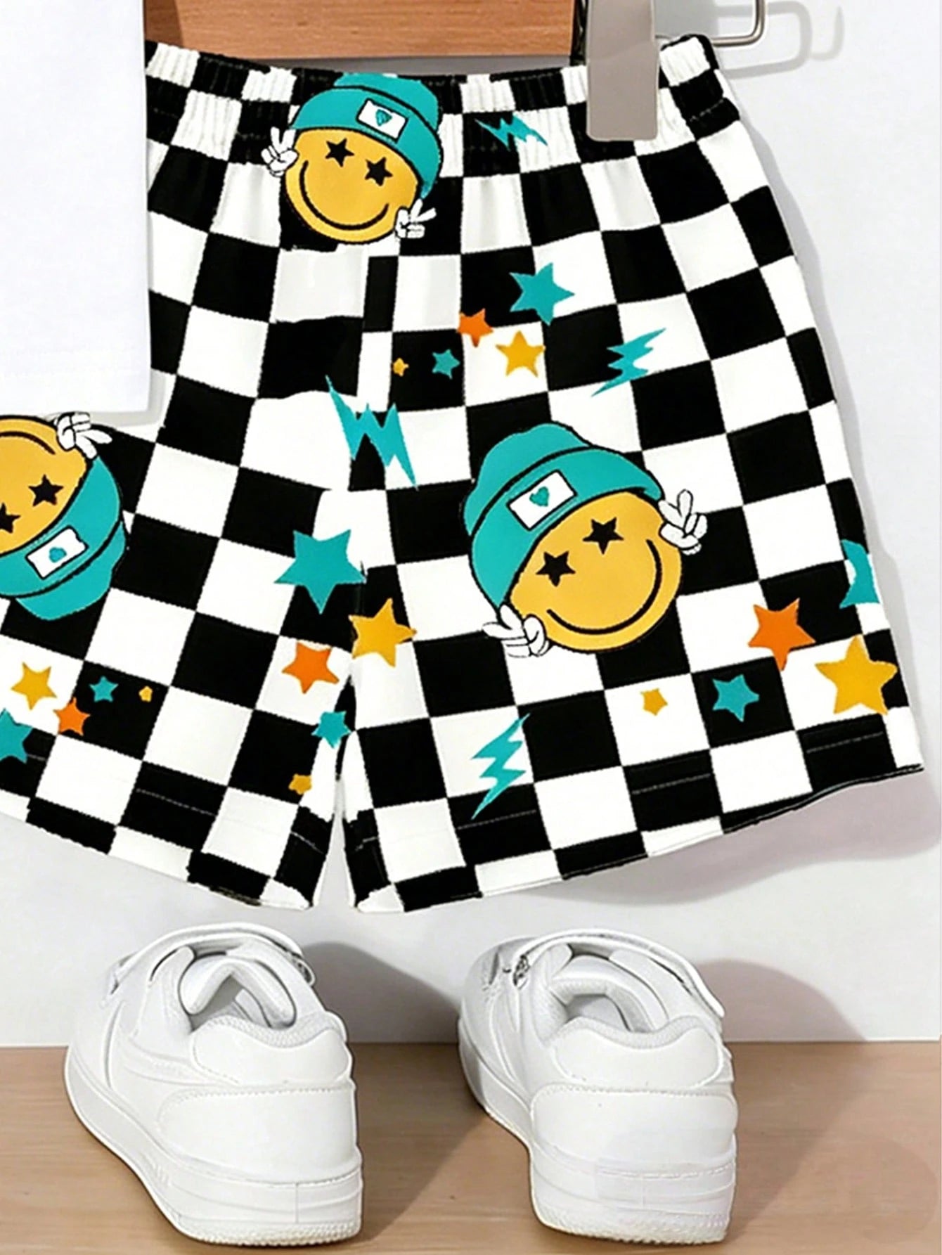 2pcs/Set Baby Boy Casual Graphic Print Top And Checkered Shorts Set, Suitable For Outings In Summer