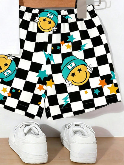 2pcs/Set Baby Boy Casual Graphic Print Top And Checkered Shorts Set, Suitable For Outings In Summer