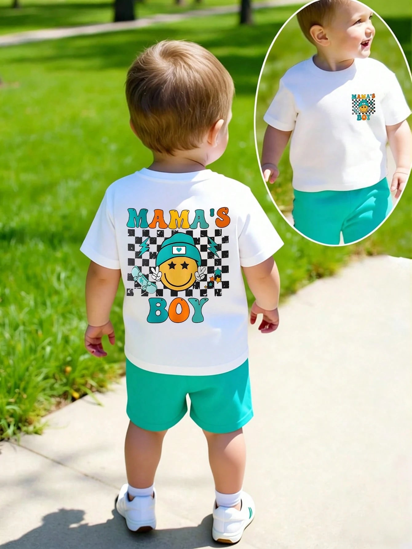 2pcs/Set Baby Boy Casual Graphic Print Top And Checkered Shorts Set, Suitable For Outings In Summer