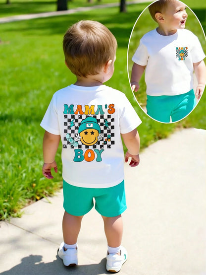 2pcs/Set Baby Boy Casual Graphic Print Top And Checkered Shorts Set, Suitable For Outings In Summer