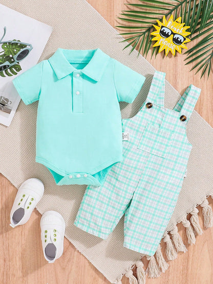 2pcs/Set Baby Boy Cute Plaid Print Sleeveless Outfit For Spring