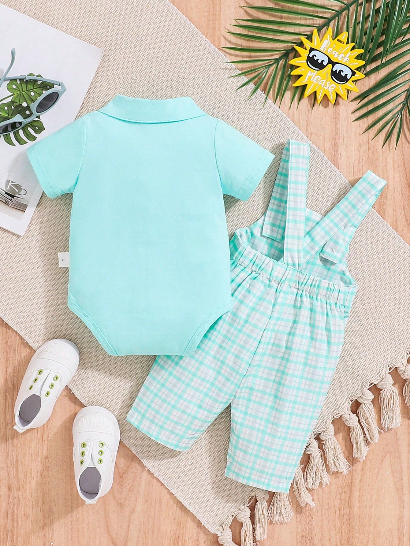 2pcs/Set Baby Boy Cute Plaid Print Sleeveless Outfit For Spring