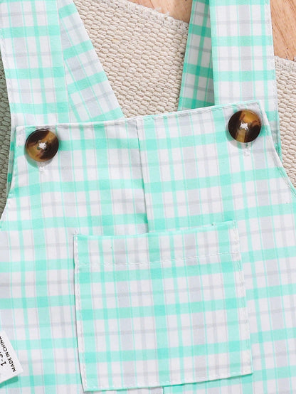 2pcs/Set Baby Boy Cute Plaid Print Sleeveless Outfit For Spring