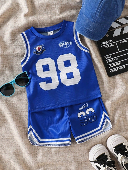 2pcs/Set Baby Boy Spring/Summer Street Style Sports Birdseye Fabric English Letter & Number Digital Print Round Neck Sleeveless Tank Top & Elastic Waist Shorts, Suitable For Baby Boy Fashion Out