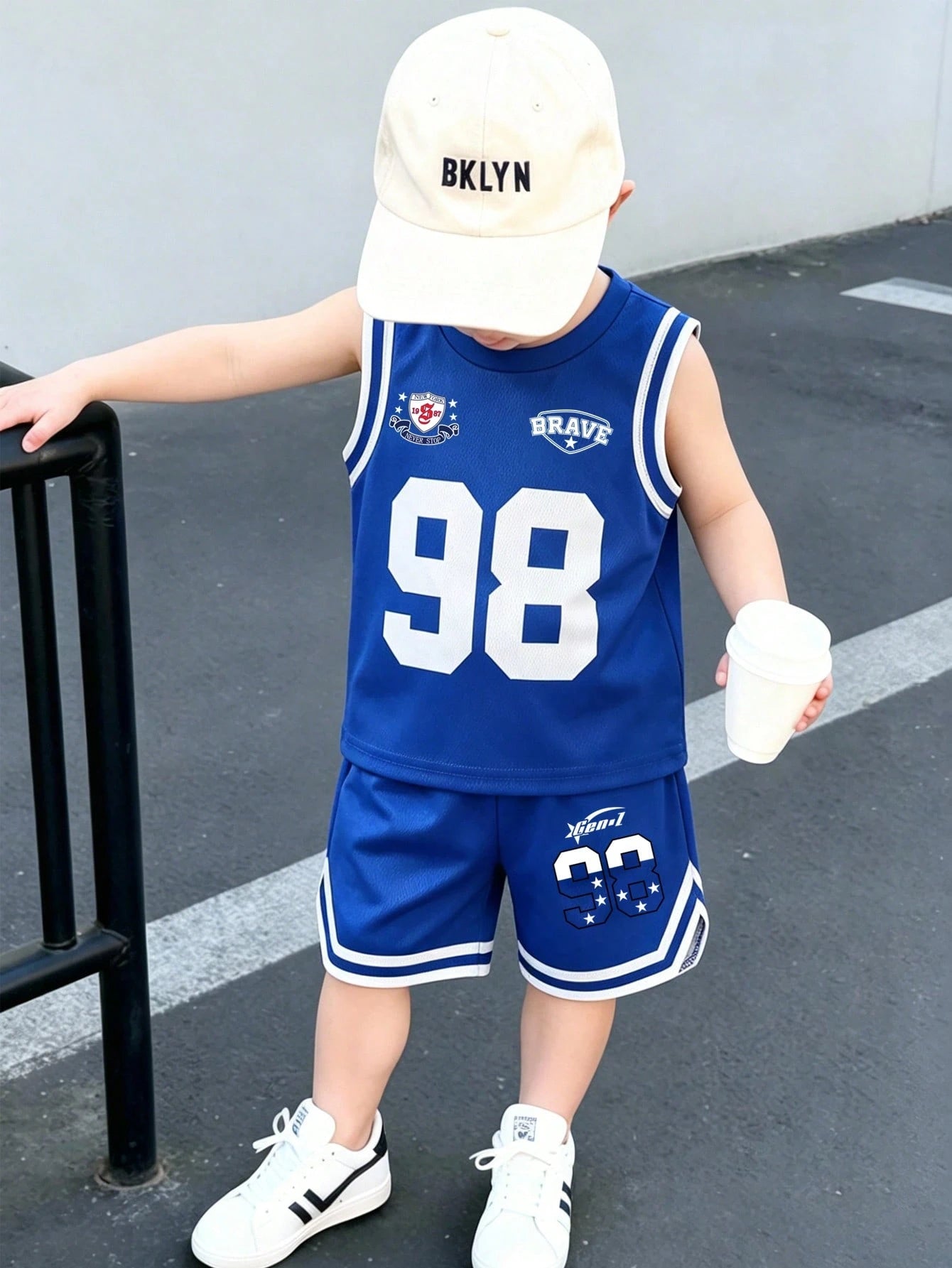 2pcs/Set Baby Boy Spring/Summer Street Style Sports Birdseye Fabric English Letter & Number Digital Print Round Neck Sleeveless Tank Top & Elastic Waist Shorts, Suitable For Baby Boy Fashion Out