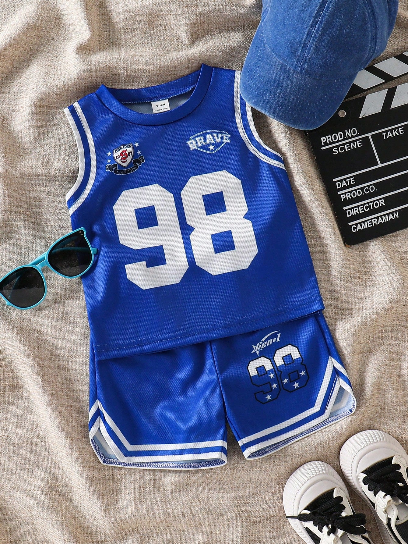 2pcs/Set Baby Boy Spring/Summer Street Style Sports Birdseye Fabric English Letter & Number Digital Print Round Neck Sleeveless Tank Top & Elastic Waist Shorts, Suitable For Baby Boy Fashion Out