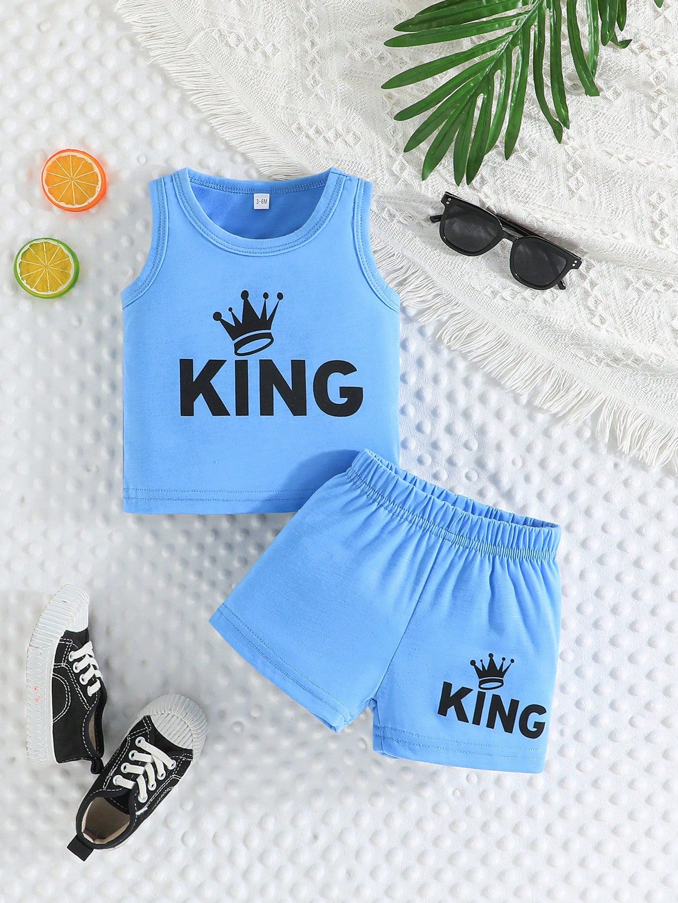 2pcs/Set Baby Boy Summer Casual Sports Beach Crown Letter Print Tank Top & Shorts Set