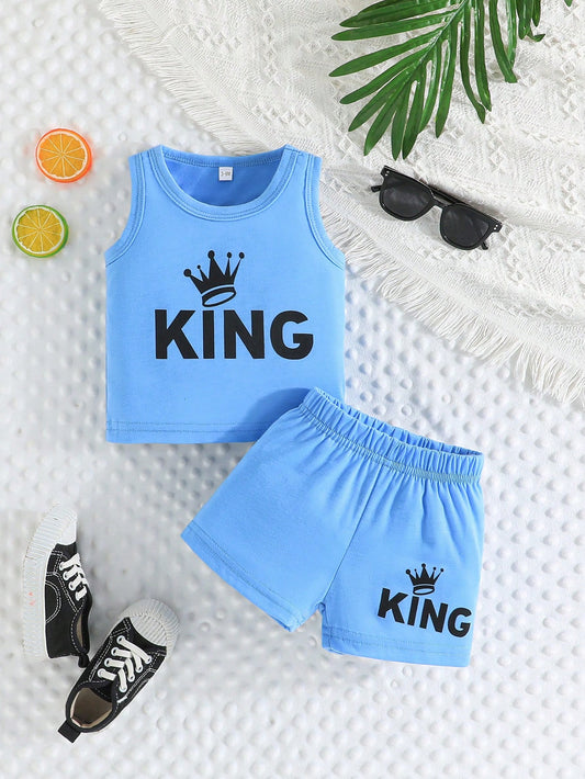2pcs/Set Baby Boy Summer Casual Sports Beach Crown Letter Print Tank Top & Shorts Set