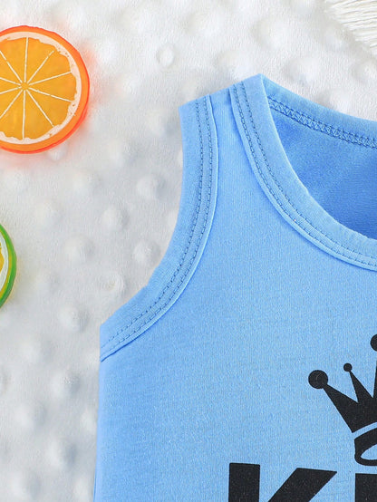 2pcs/Set Baby Boy Summer Casual Sports Beach Crown Letter Print Tank Top & Shorts Set