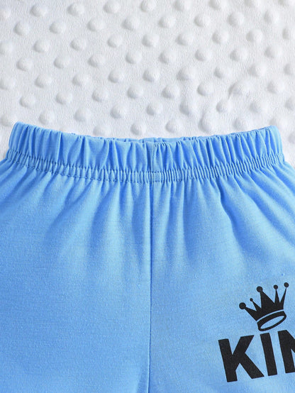2pcs/Set Baby Boy Summer Casual Sports Beach Crown Letter Print Tank Top & Shorts Set