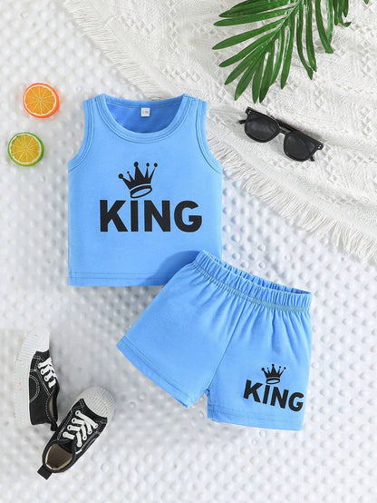 2pcs/Set Baby Boy Summer Casual Sports Beach Crown Letter Print Tank Top & Shorts Set