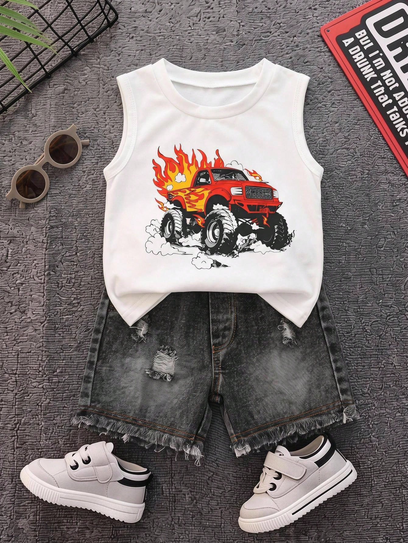 2pcs/Set Baby Boy Summer Street Style Cute Versatile Knit Car Print Tank Top & Denim Shorts Set, Tank Top Set, Denim Set, Racing Set