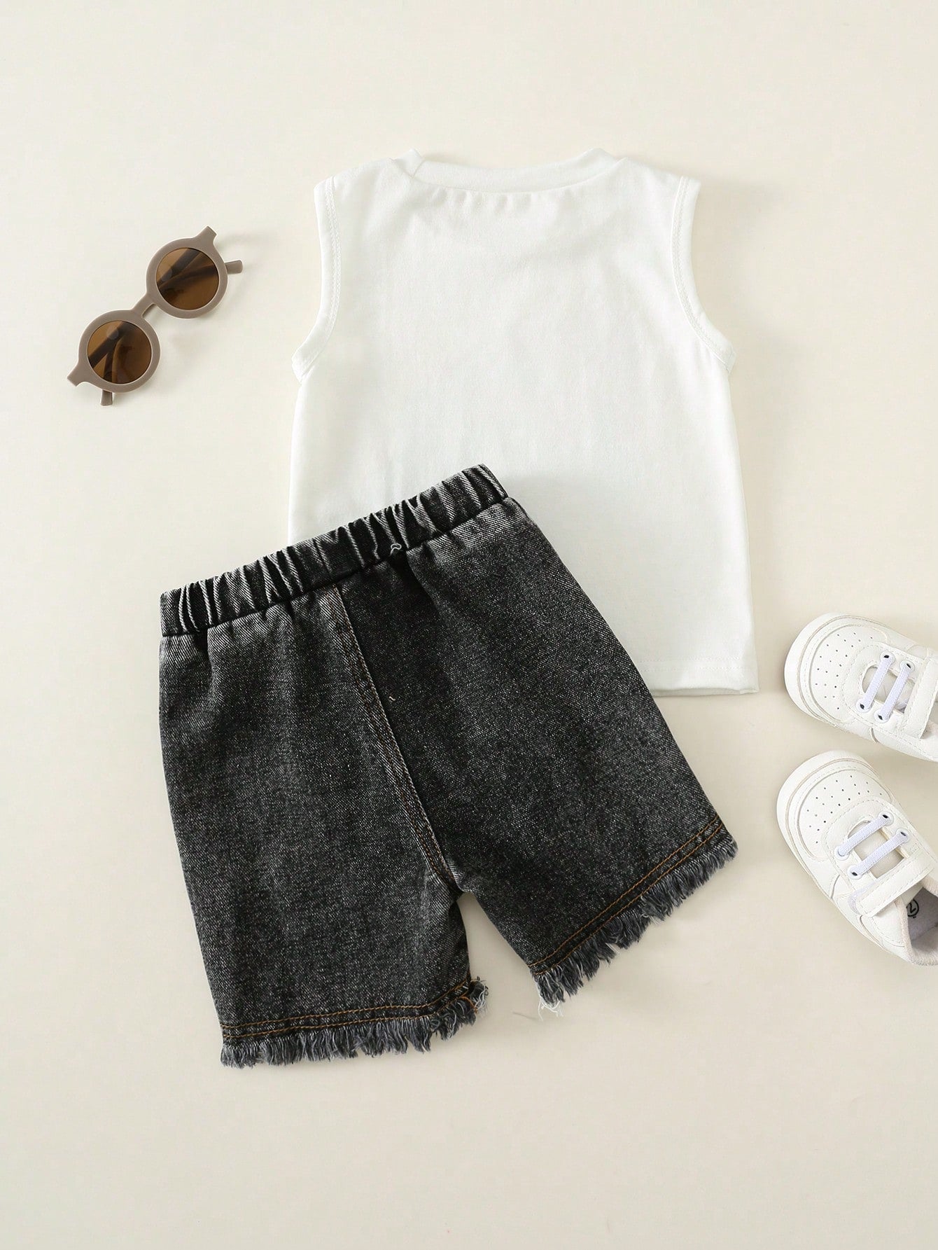 2pcs/Set Baby Boy Summer Street Style Cute Versatile Knit Car Print Tank Top & Denim Shorts Set, Tank Top Set, Denim Set, Racing Set