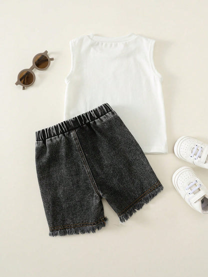 2pcs/Set Baby Boy Summer Street Style Cute Versatile Knit Car Print Tank Top & Denim Shorts Set, Tank Top Set, Denim Set, Racing Set