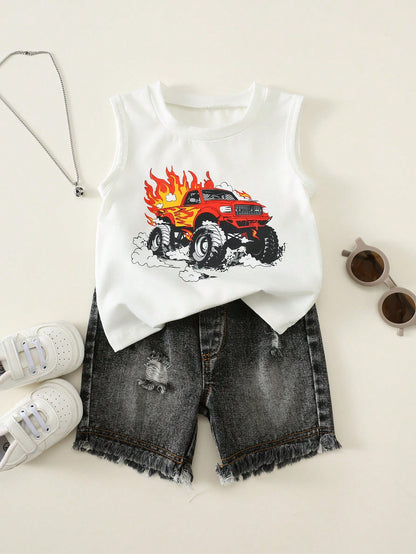 2pcs/Set Baby Boy Summer Street Style Cute Versatile Knit Car Print Tank Top & Denim Shorts Set, Tank Top Set, Denim Set, Racing Set