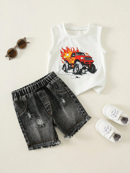 2pcs/Set Baby Boy Summer Street Style Cute Versatile Knit Car Print Tank Top & Denim Shorts Set, Tank Top Set, Denim Set, Racing Set
